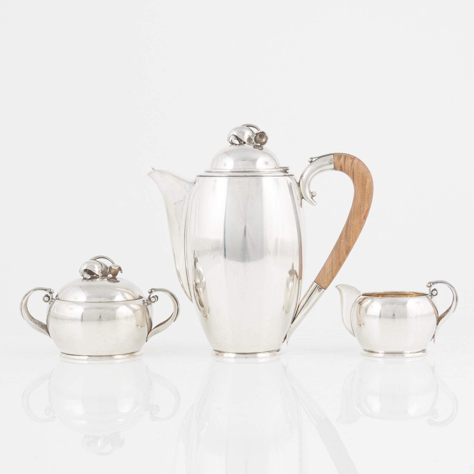 A three piece sterling silver coffee set, nordisk Silverkonst, Helsingborg, Sweden, 1948.
