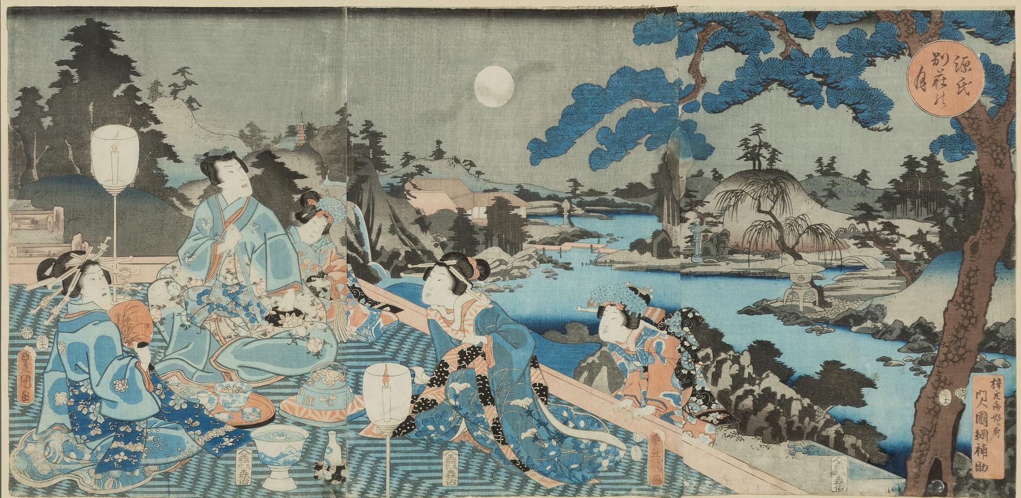 Utagawa Kunisada och Utagawa Kuniyoshi, träsnitt (triptyk resp diptyk).