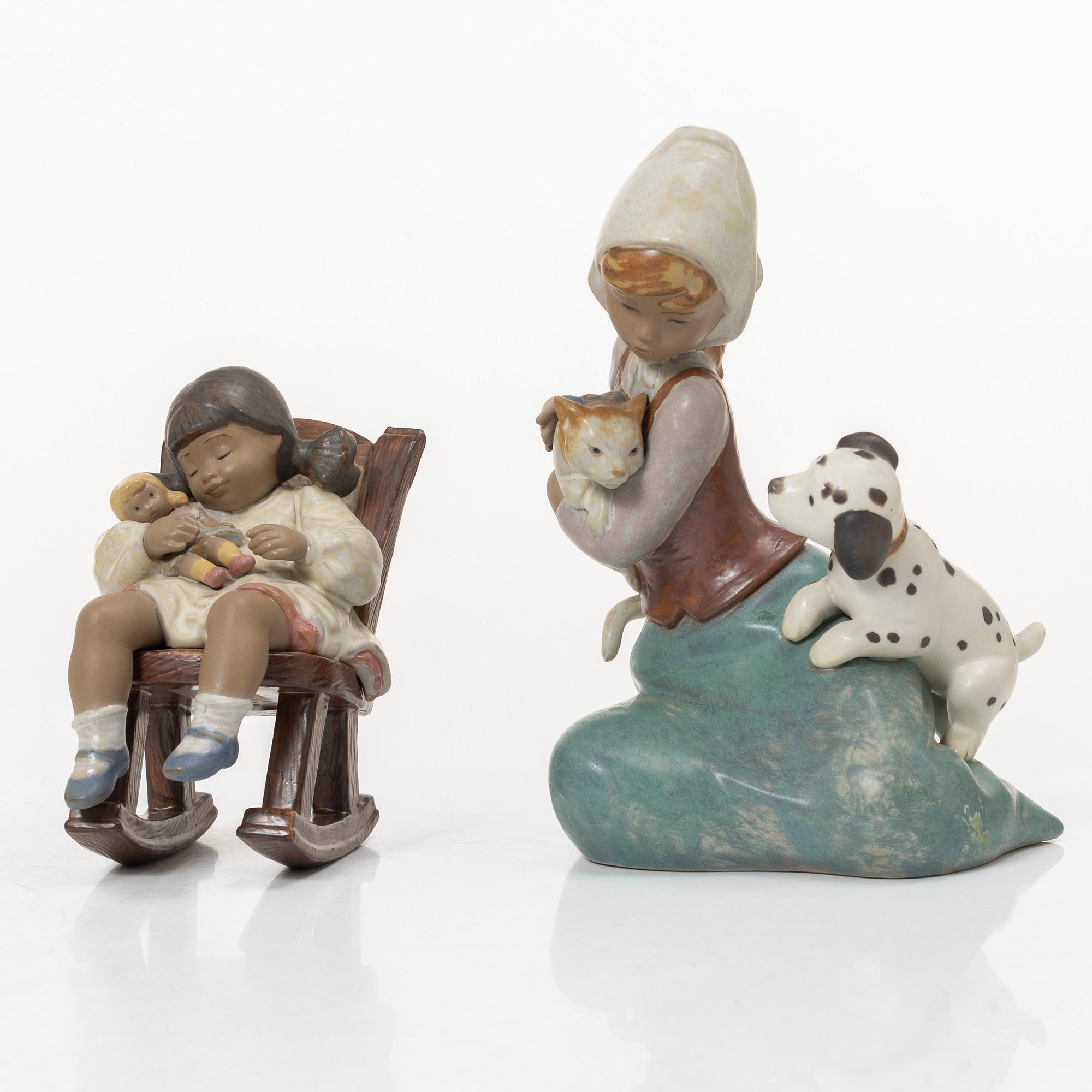 Lladró, five figurines, including "Arctic friends", "Arctic allies", "The old fishing hole", Spain.