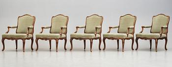 Seven French armchairs (two 18th century and five late 19th century).