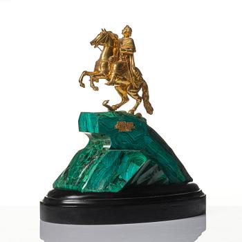 A malachite and gilt bronze sculpture of Peter the Great on horseback after Falconet, 19th century.