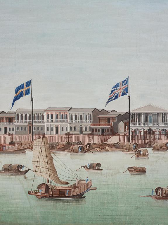 A Chinese Export painting of the Hongs of Canton, Qing dynasty, 18th century.
