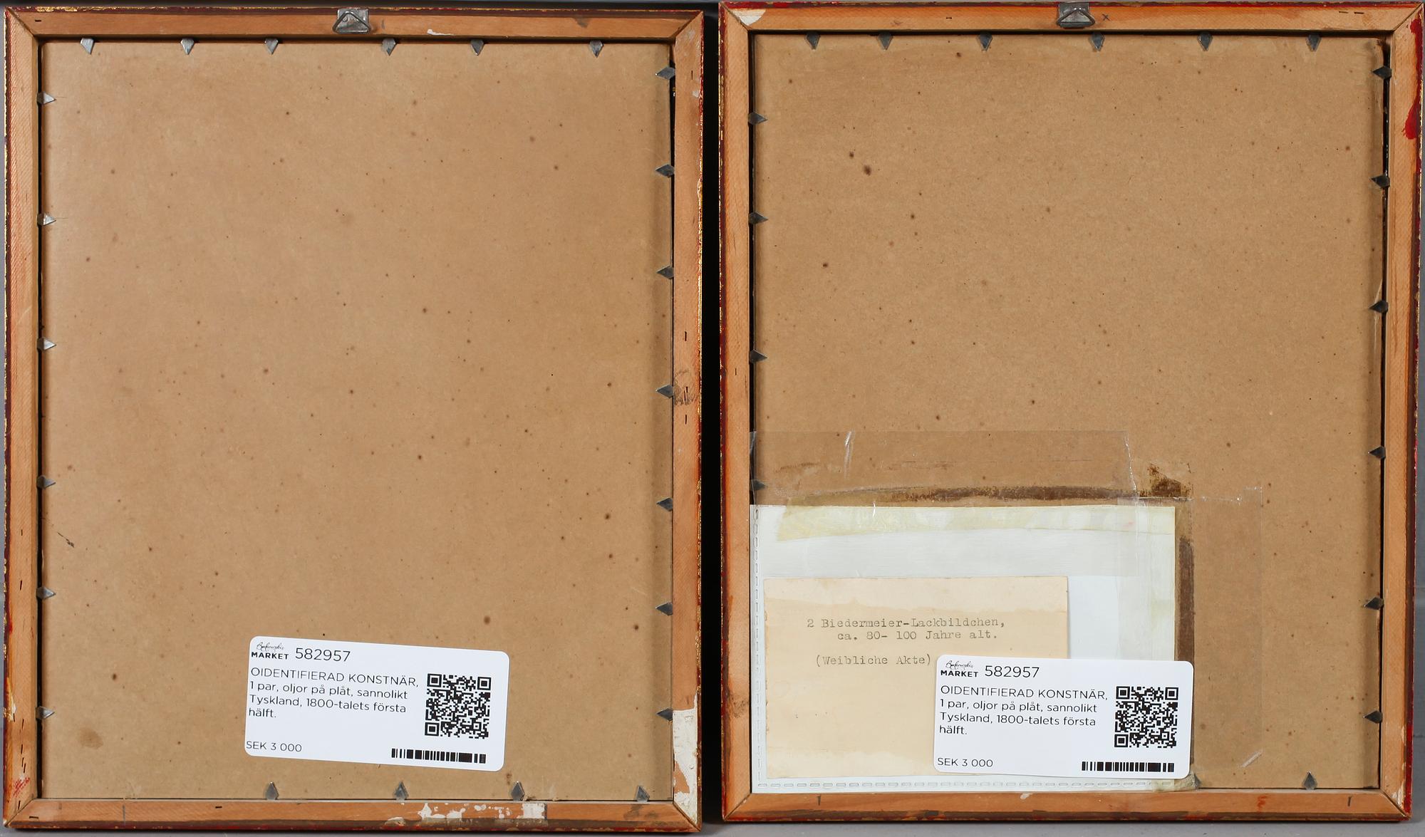 OIDENTIFIERAD KONSTNÄR, 1 par, oljor på plåt, sannolikt Tyskland, 1800-talets första hälft.