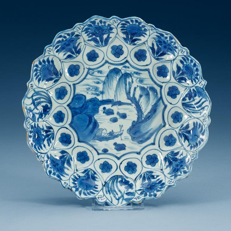 A moulded flower-shaped blue and white dish, Ming dynasty, 17th Century.