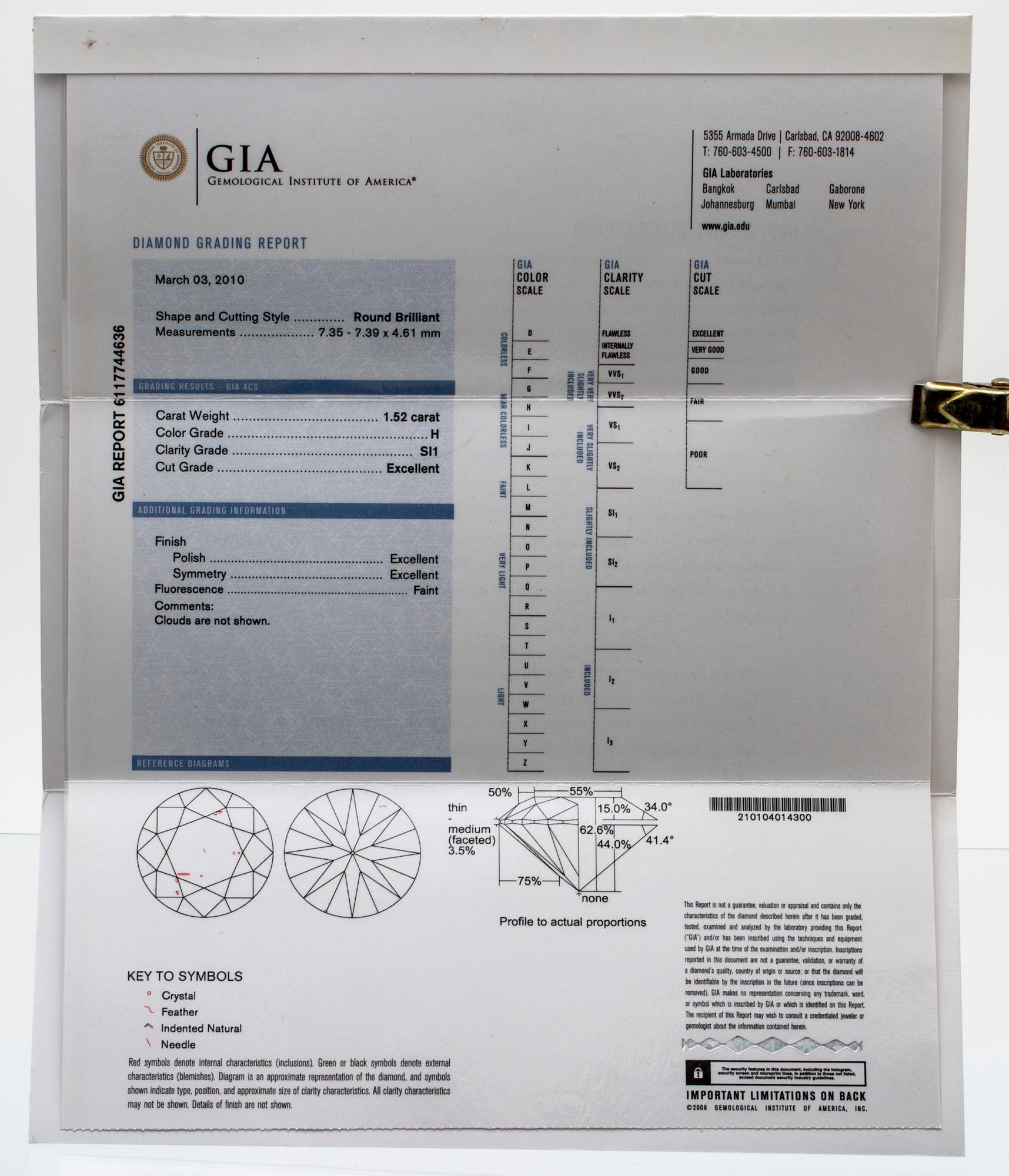 Ring 18K vitguld med 1 briljant 1,52 ct H SI1, GIA certifikat 2010.