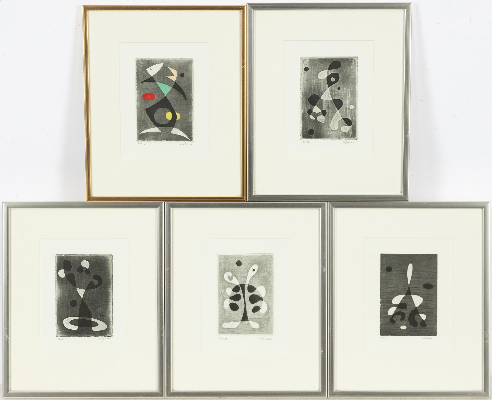 Pierre Olofsson, etchings, 5 pcs, signed and numbered.