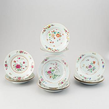 A set of 11 famille rose export dishes, Qing dynasty, Qianlong (1736-95).