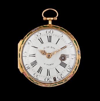 A gold and enamel verge pocket watch, Le Roy, Paris, late 18th century.