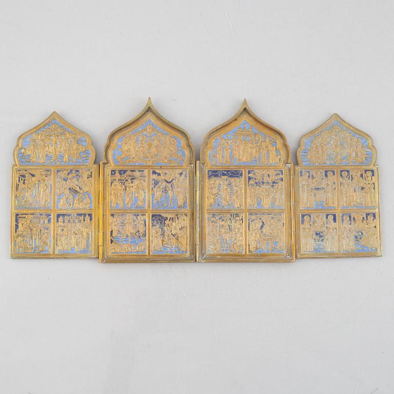 Travel icon, brass and enamel, Russia, 20th century.