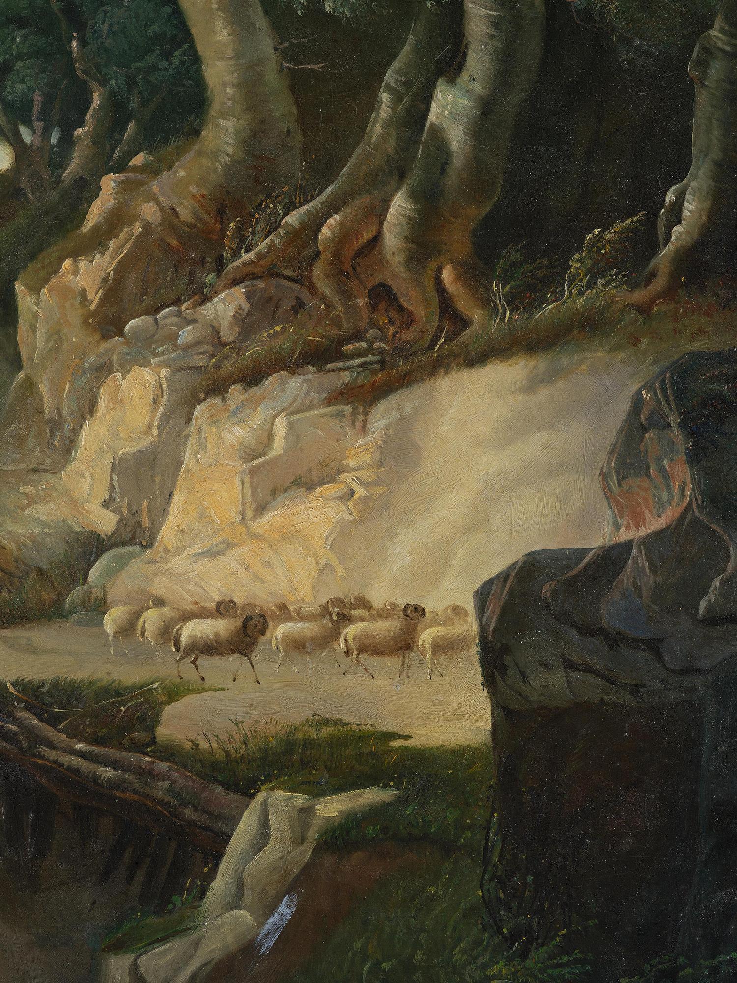 Okänd konstnär, 1800-tal, Oväderslandskap med herdinna och får.