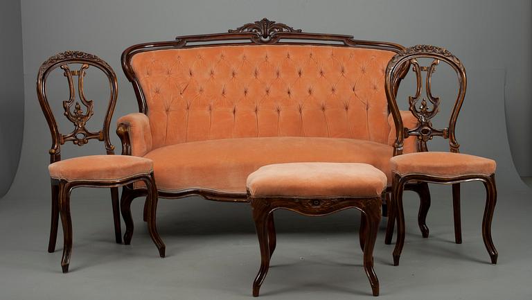 SOFFA, TABURETT samt STOLAR, ett par, nyrokoko-stil, 1800-talets slut.