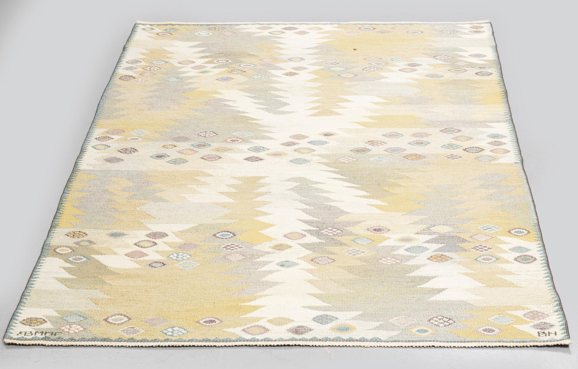 Barbro Nilsson, matto, "Tånga ljus", flat weave, ca 226,5 x 163-164 cm, signed AB MMF BN.