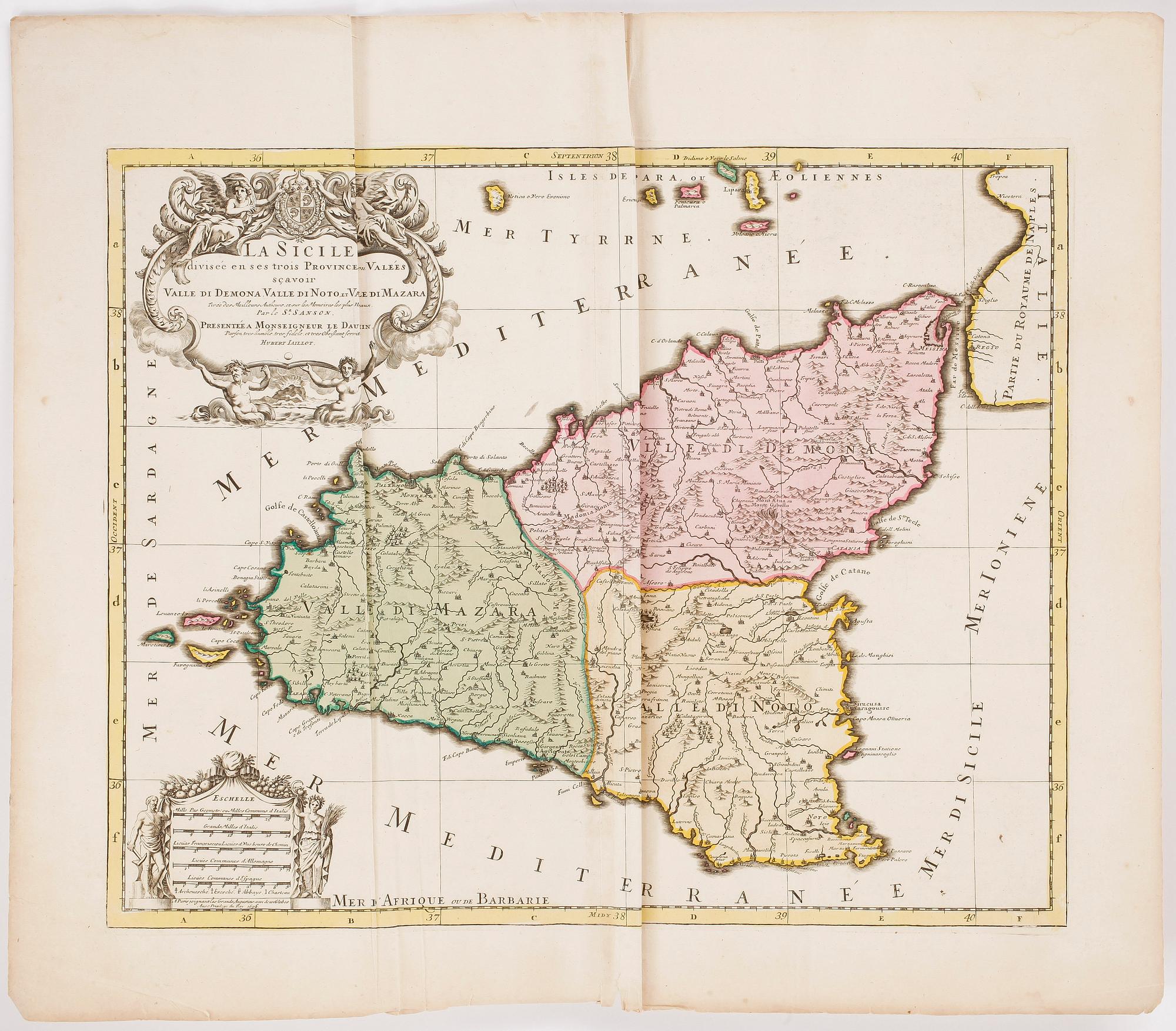 KARTA, handkolorerad etsning, "La Sicile", efter Alexis Hubert Jaillot, 17/1800-tal.