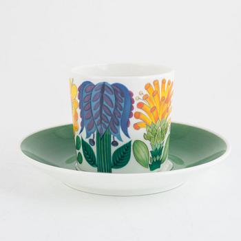 Stig Lindberg, five "Tahiti" bone china coffee cups with saucers, Gustavsberg, Sweden, 1970's.