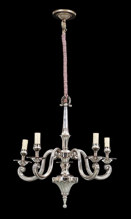 An Atelier Torndahl silver plated chandelier and a wall scone, Perstorp, Sweden 1920's-30's.