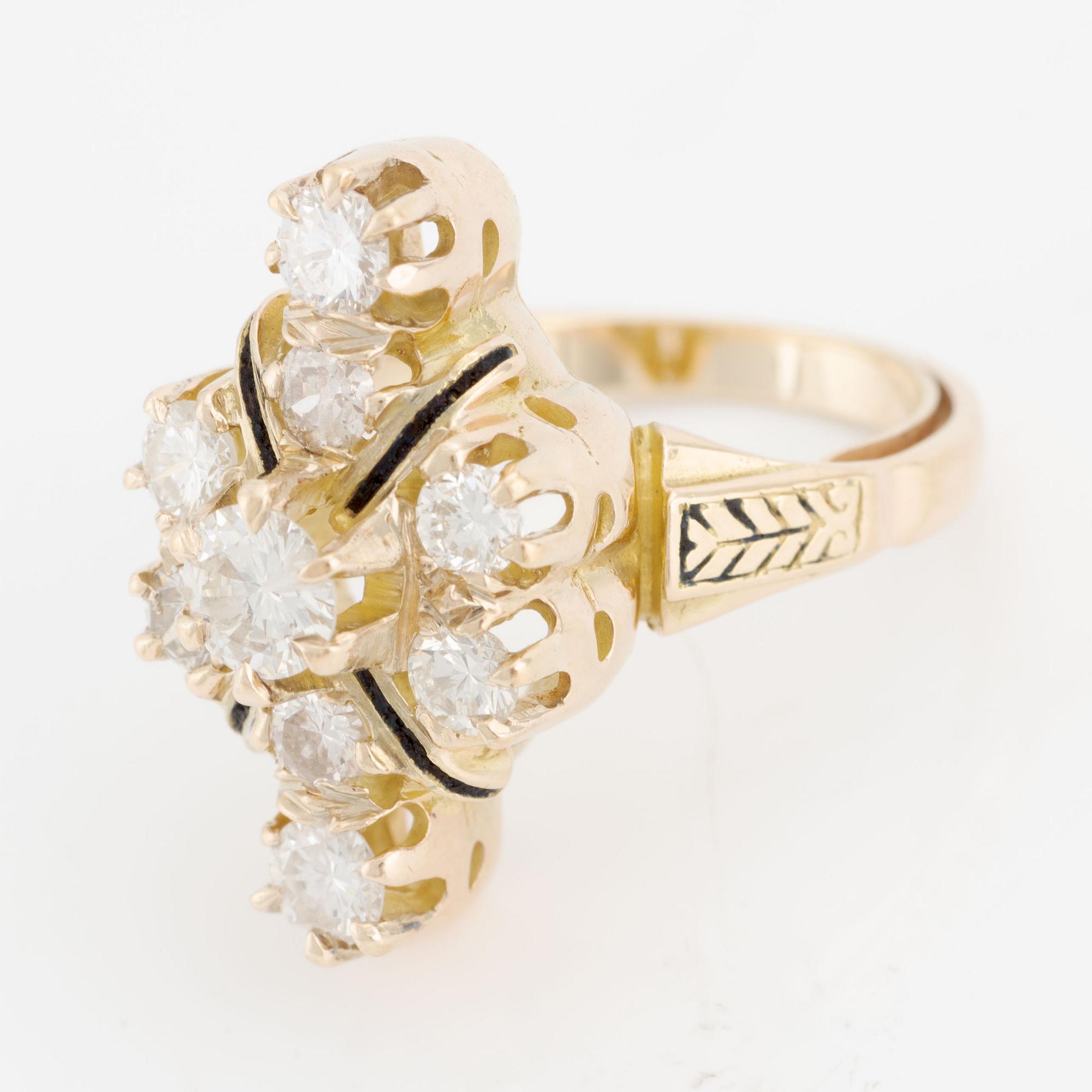 Ring 14K guld och emalj med runda briljantslipade diamanter.