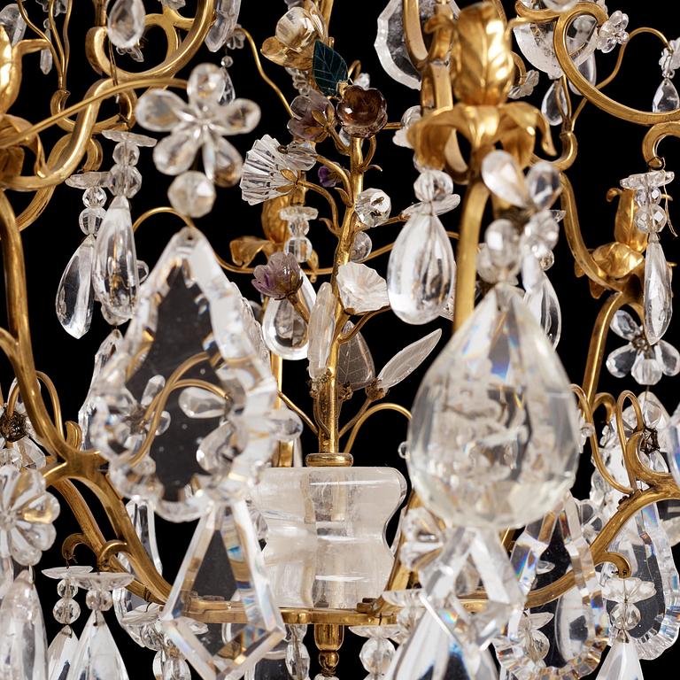 A French Louis XV-style six-branch gilt-bronze, rock crystal and amethyst chandelier, 19th century.