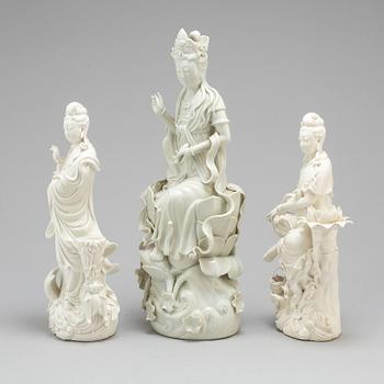 Three Chinese blanc de chine figures of Guanyin, 20th century.