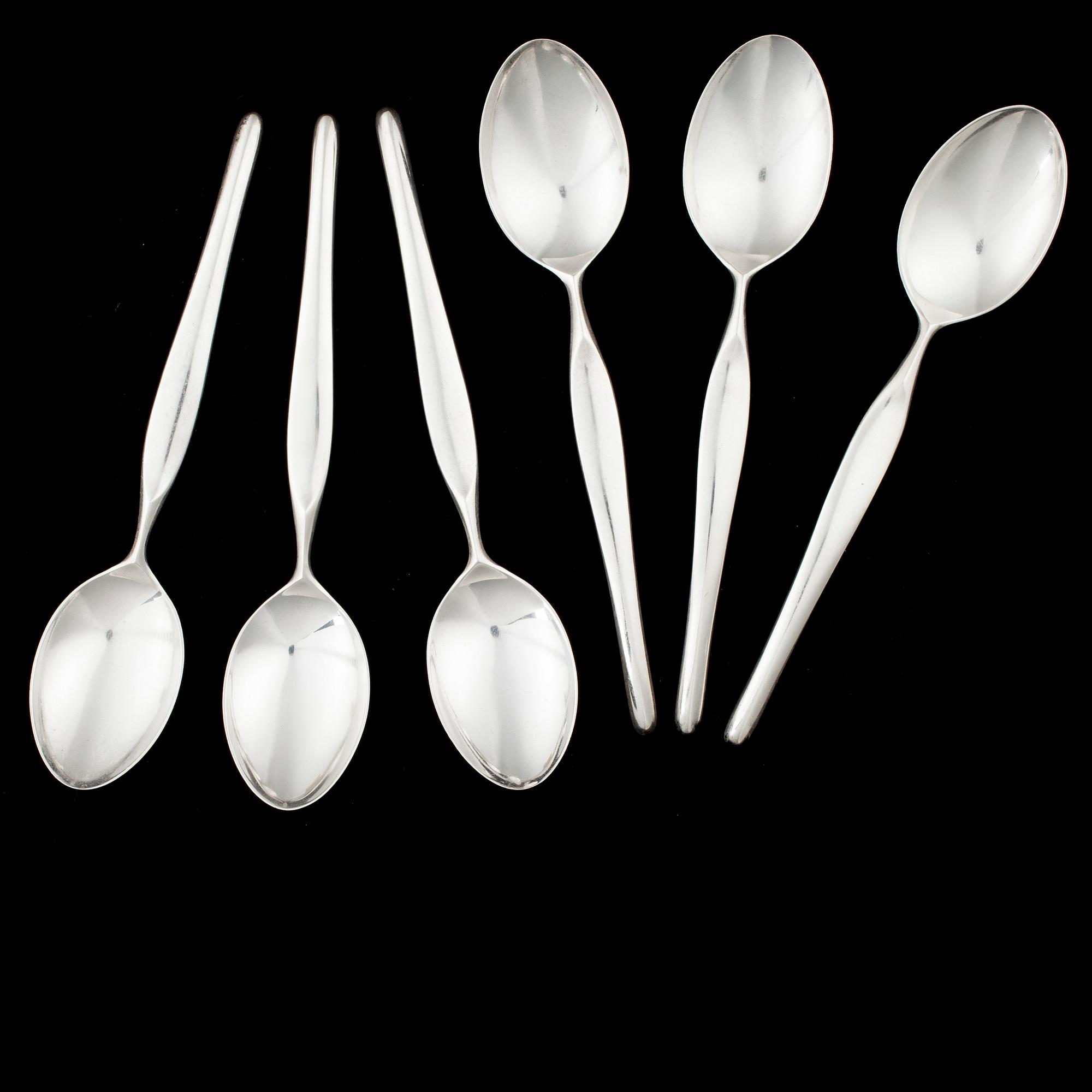 SKEDAR, 6st, silver, "Hopeasiipi", design Tapio Wirkkala, Kultakeskus Oy, Tavastehus 1957. Totalvikt 223 g.