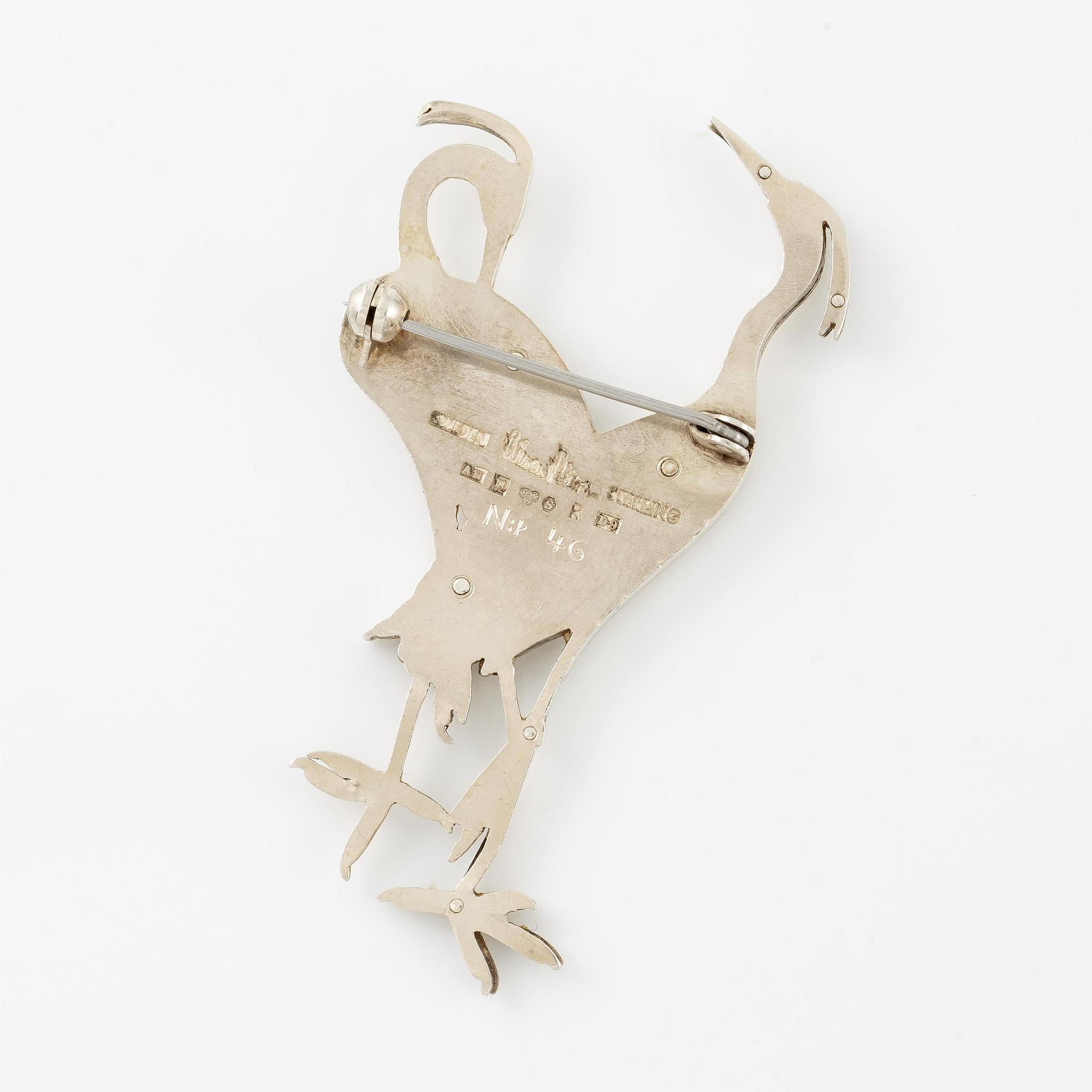 Wiwen Nilsson, brosch, silver, i form av ett par fåglar, Lund 1954.