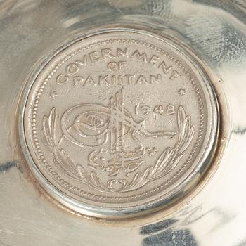 12 silver ashtrays with inlaid coins, silver, Pakistan, mid 20th century.
