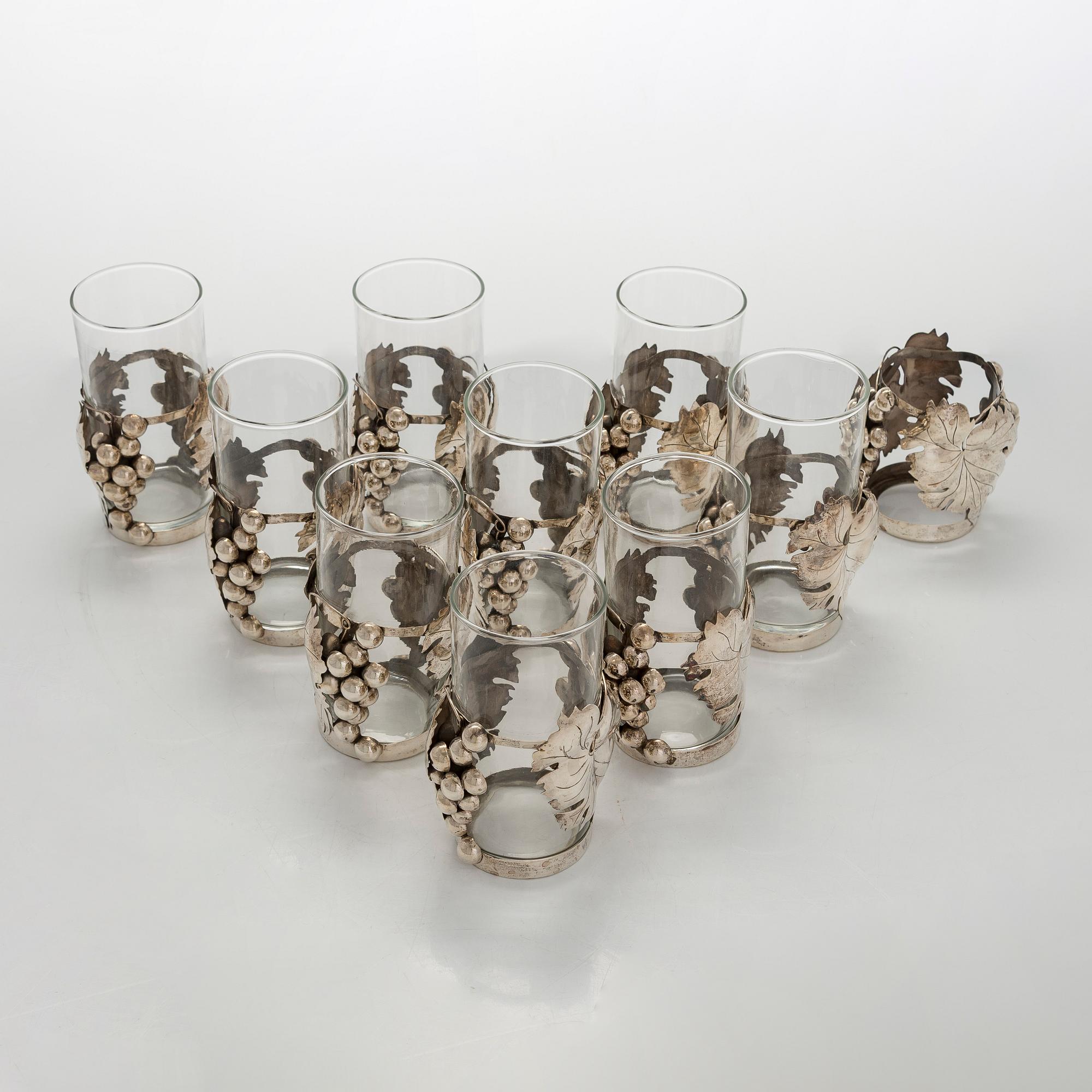Juomalaseja, 8 + 1 kpl, hopeaa ja lasia,  Rancho Alegre Mexico 1900-luvun puoliväli.