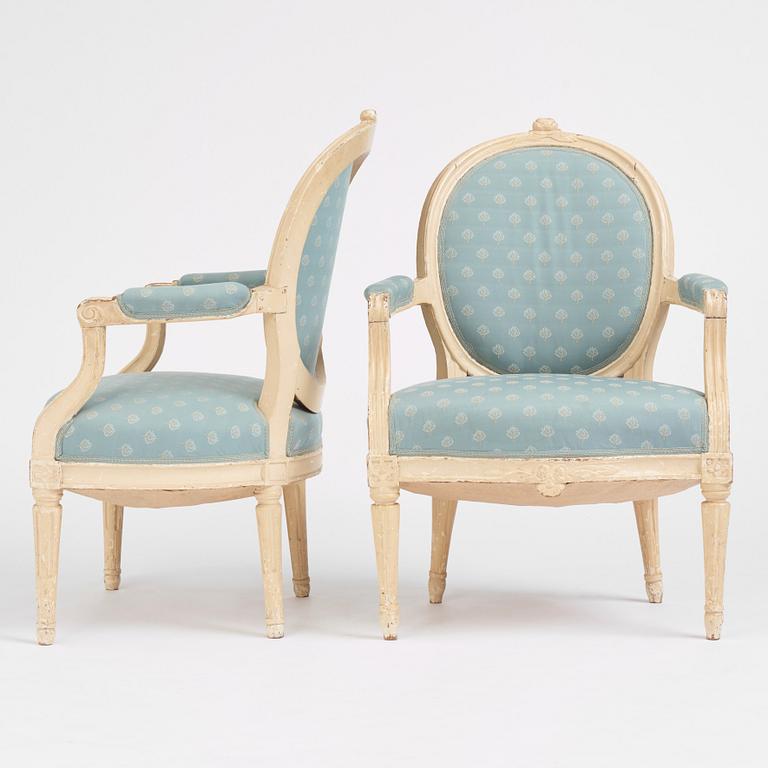 A pair of Gustavian open armchairs, late 18th century.