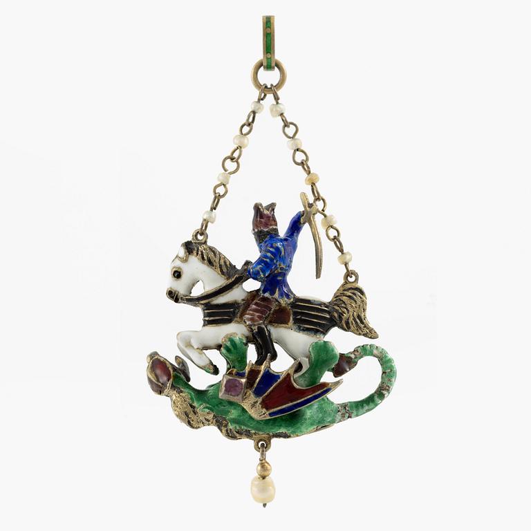 Pendant in silver and enamel with pearls and red stones "St George and the Dragon", Neo-Renaissance.