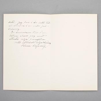SELMA LAGERLÖF (1858-1940), egenhändigt brev med namnteckning, dat Falun 10 okt 1904.