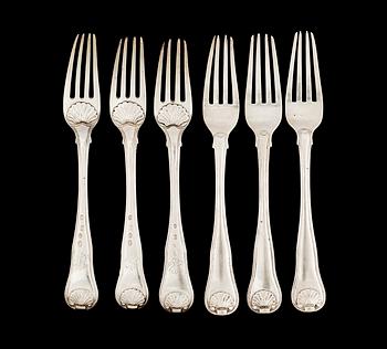 34. A set of six Danish 19th cent silver forks, marks of Copenhagen 1824.