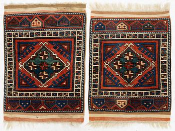 A pair, semi-antique rug, Döşemealtı, Antalya region, Turkey, ca 75 x 77 cm.
