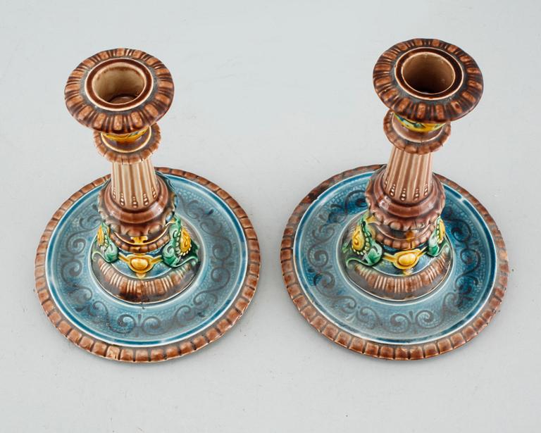 A pair of majolica candle holders from Rörstrand, made in the second half of the 19th century.