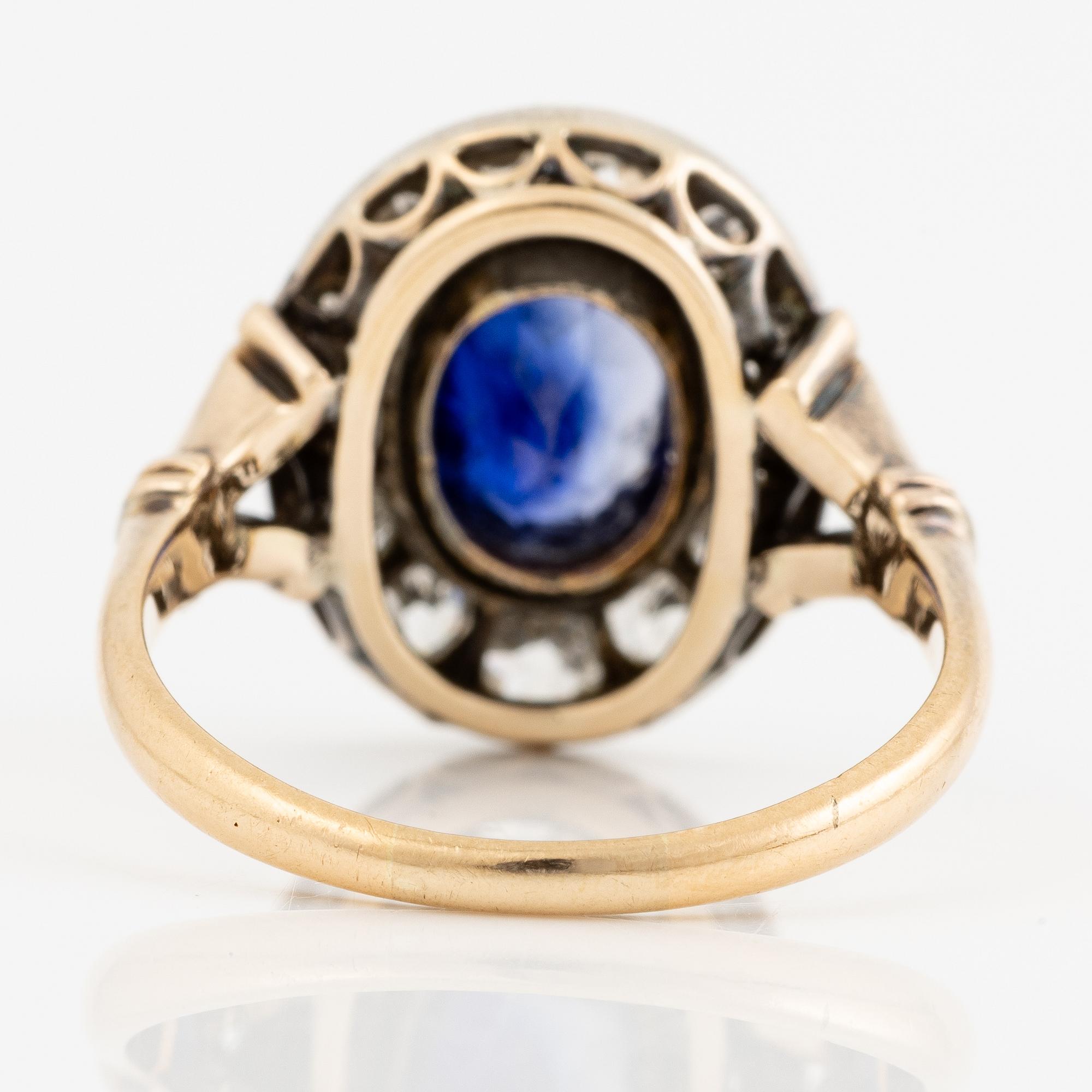 Ring, cameo model 14K gold with sapphire and old-cut diamonds.