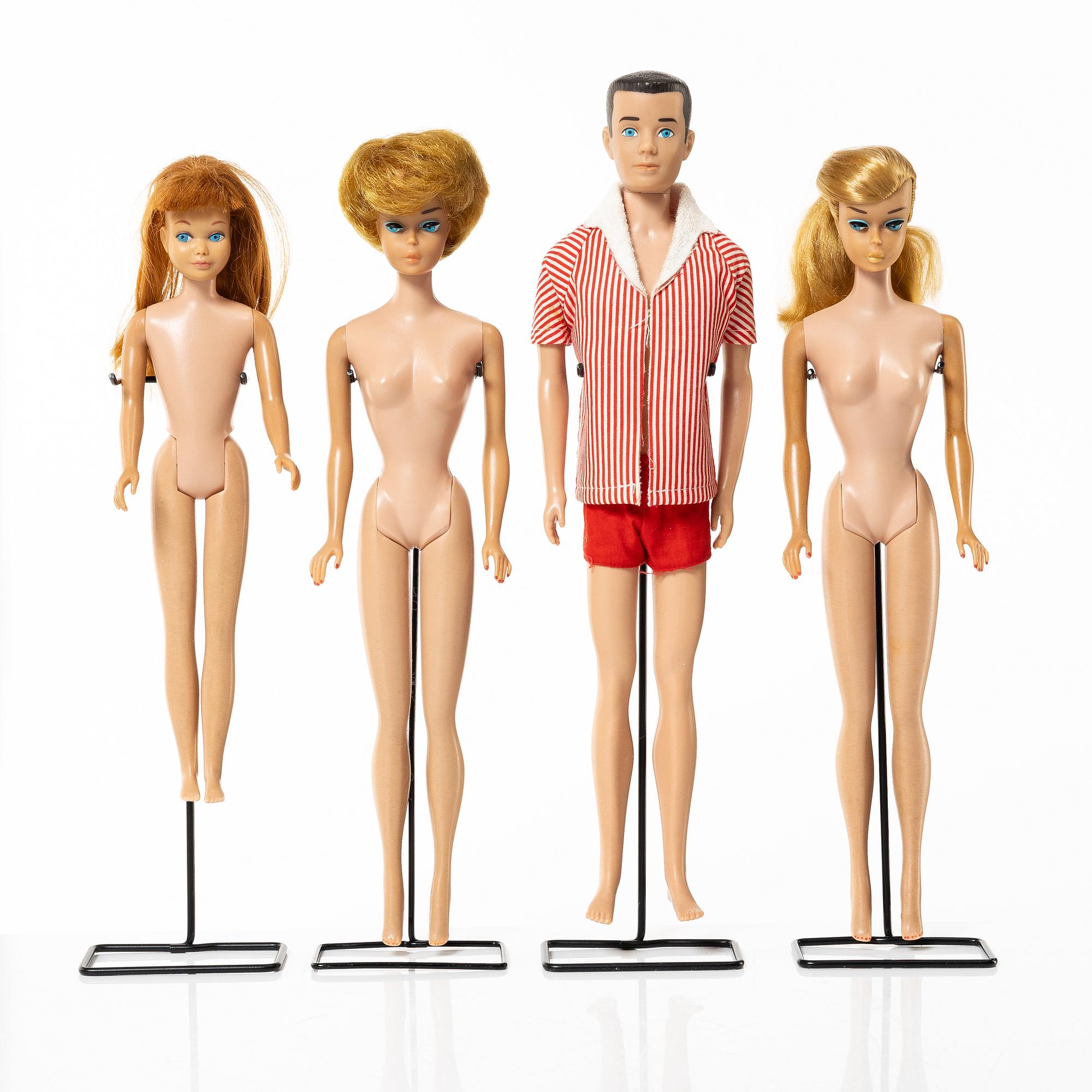 Barbie dolls, 4 pcs, along with clothes and accessories, Mattel, 1960s.