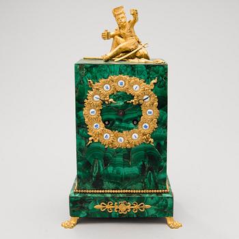 A mid 19th Century French gilt bronze and malachite mantel clock.