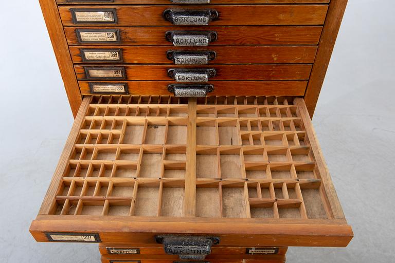 Arkivskåp för typsnitt, "Boklund" omkring 1900.