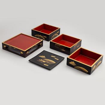 A Japanese lacquer three-tier 'Jubako' (food container) with stand, presumably early 20th century.