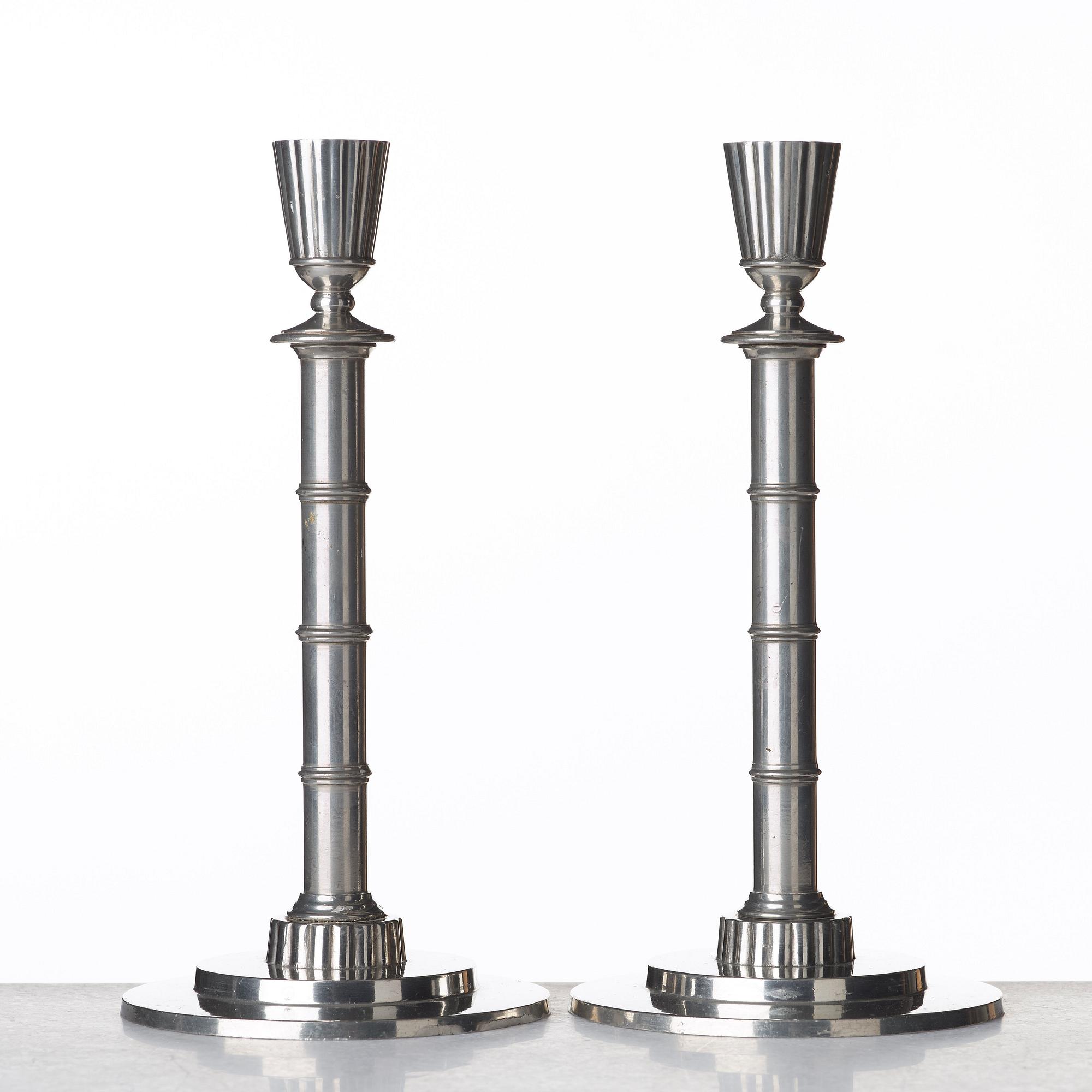 Erik Fleming, a pair of pewter candlesticks, Norrahammars tenn, Sweden 1930.