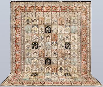 An oriental silk carpet, approx. 376 x 274 cm.