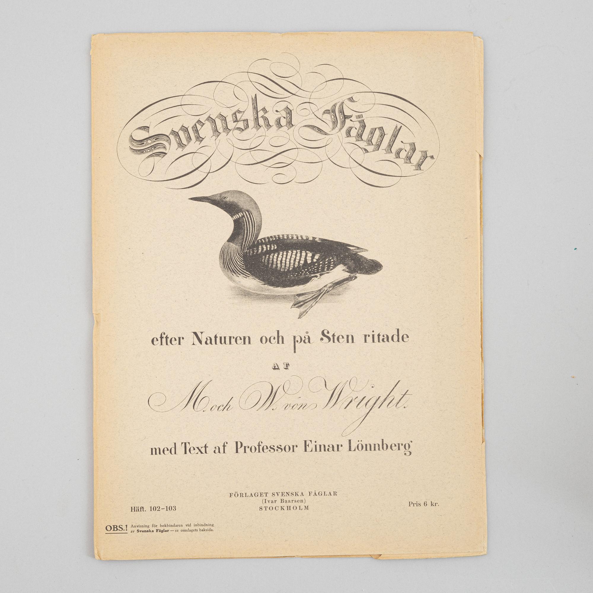 Bröderna von Wright, planschverk samt bok, "Svenska Fåglar", Ivar Baarsens förlag, Stockholm 1924-27.