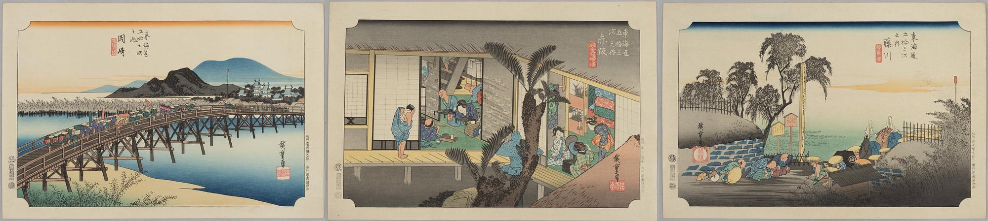 Ando Utagawa Hiroshige, after, three prints from "The Fifty-Three Stations of the Tōkaidō", 20th century.