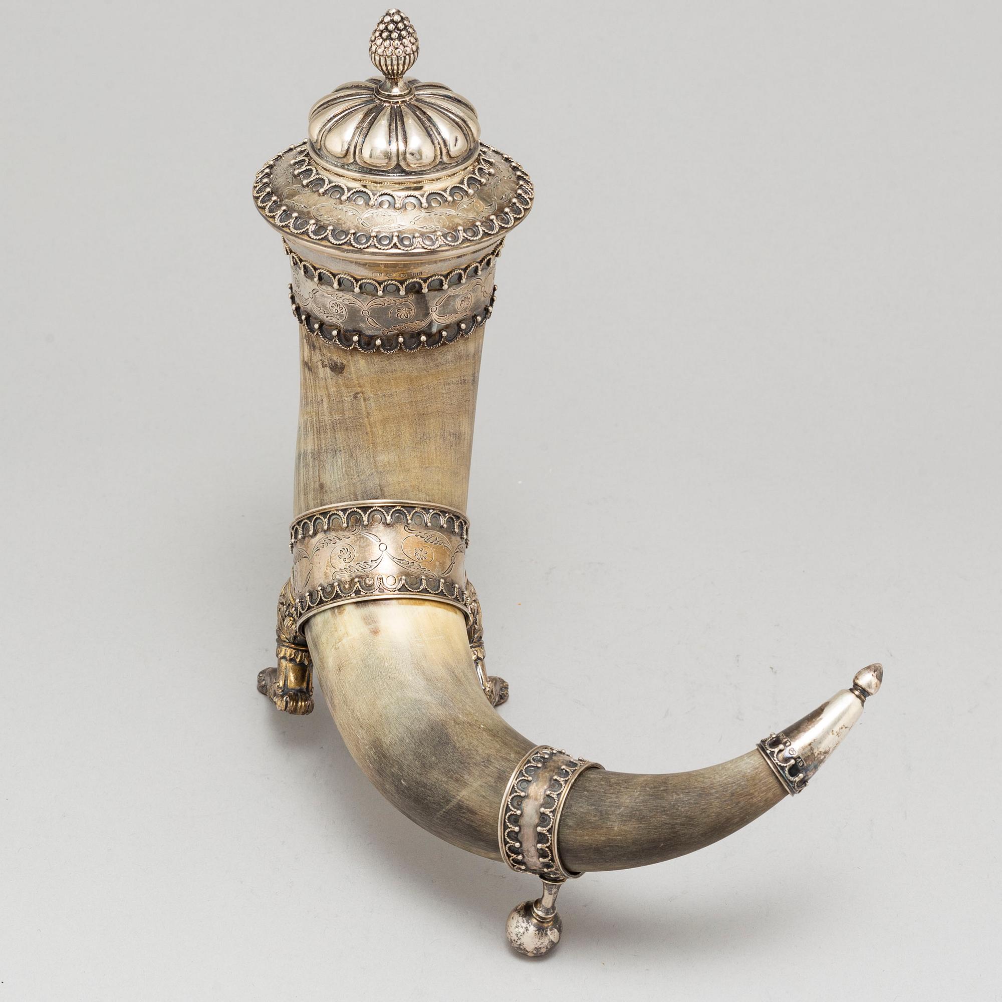 SAMUEL PETTERSSON, a silver and horn drinking horn, Linköping Sweden 1895.