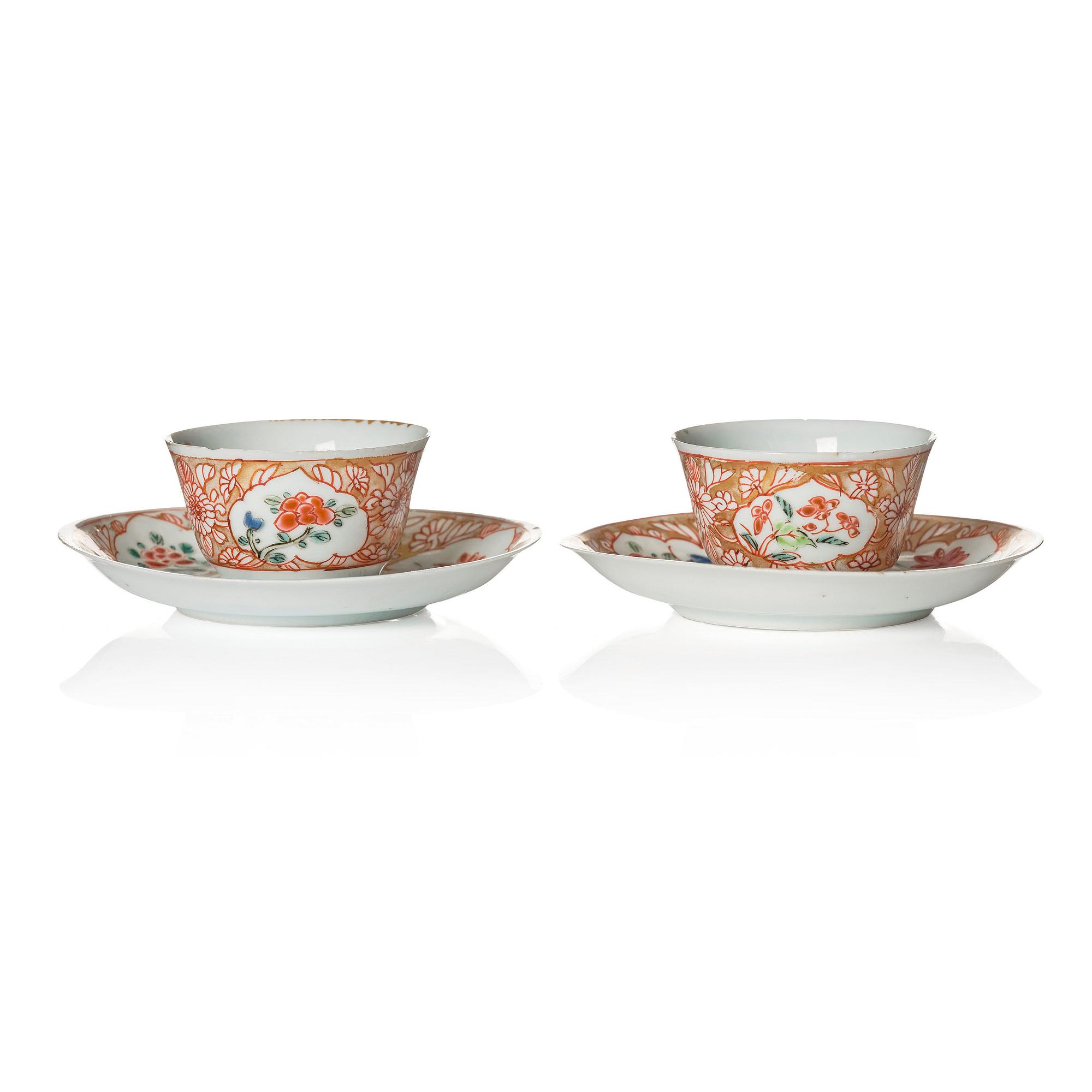 A pair of famille rose miniature cups with stands, Qing dynasty, 18th Century.