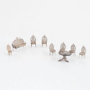 Table decoration, furniture group 9 pieces, filigree work, silver, mid-20th century.