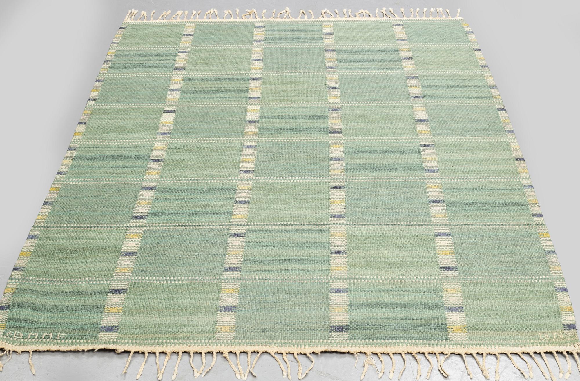 Barbro Nilsson, a carpet, "Falurutan grön, Alice", flat weave, ca 218 x 146,5-150,5 cm, signed AB MMF BN.