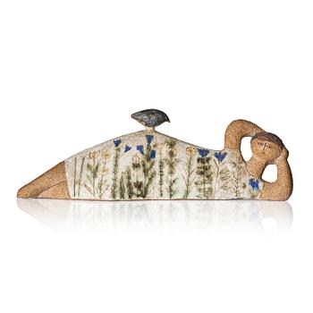 120. Lisa Larson, a unique chamotte stoneware sculpture of a reclining female figure with a bird, Gustavsberg Studio, probably 1950s-60s.