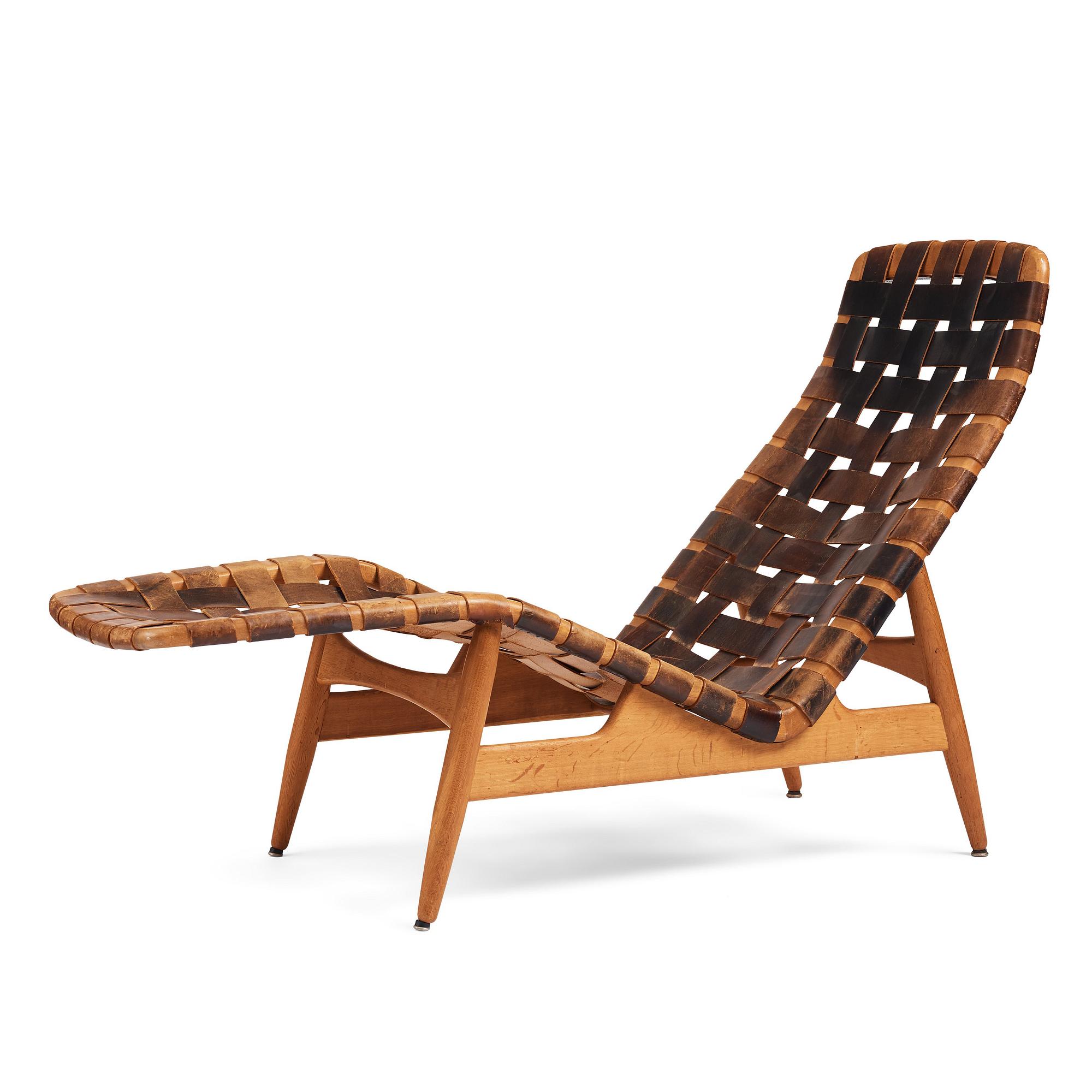 Arne Vodder, a teak chaise longue with black leather straps, Bovirke Denmark 1950's.
