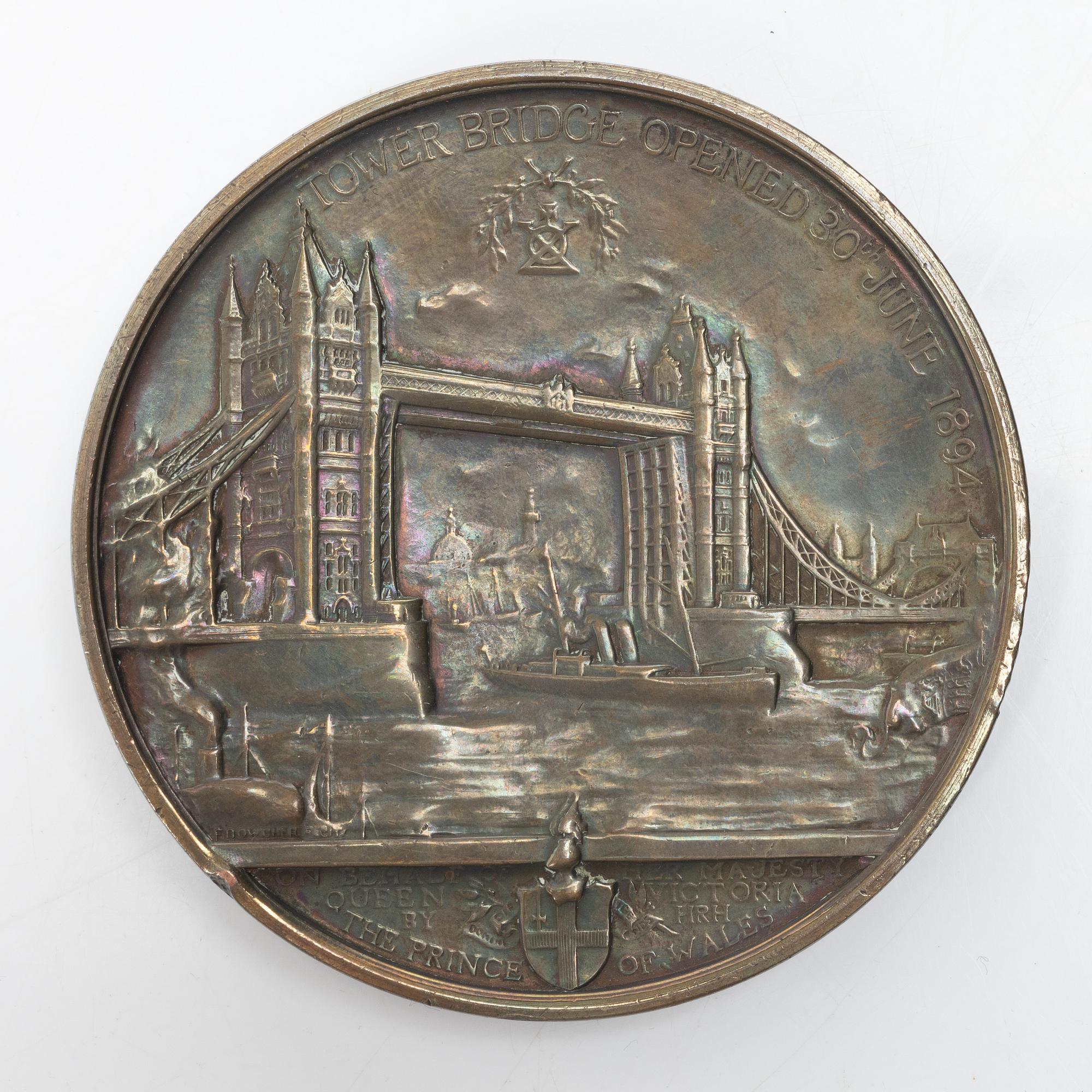 A bronze medal by Frank Bowcher commemorating the opening of Tower Bridge '1894'.
