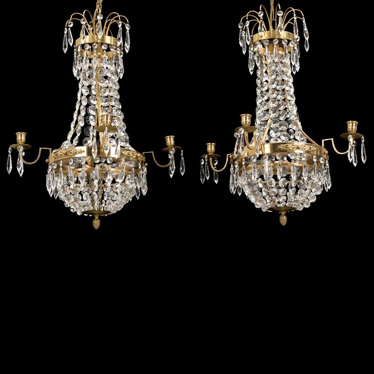 A pair of gustavian style chandeliers, second half of the 20th century.