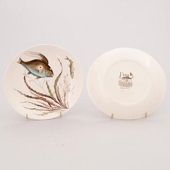 A set of 12 'Fish' dinner plates and two serving dishes, 'Fish' and 'Bird Game', Johnson Brothers, England.